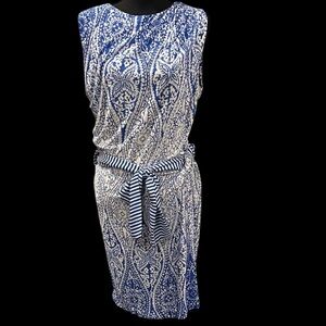 MNG by Mango Blue and White Midi Dress with Belt size XL